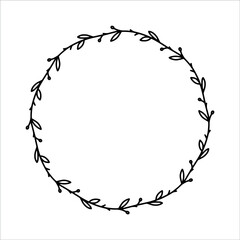 Vector hand drawn spring wreath isolated on white background. Outline circle of leaves. Doodle style. Floral frame. Family monogram.