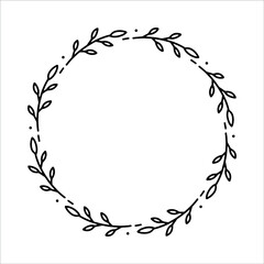Vector hand drawn spring wreath isolated on white background. Outline circle of leaves. Doodle style. Floral frame. Family monogram.