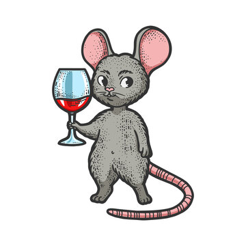 cartoon mouse with glass of wine color sketch engraving vector illustration. T-shirt apparel print design. Scratch board imitation. Black and white hand drawn image.