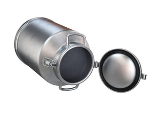 Milk can open lying on its side on a white background, 3d render