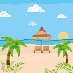 Pair of chairs with umbrella on the beach Summer holiday travel landscape Vector