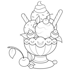 Three scoops of ice cream in a glass, pastry shop menu. Children coloring book.