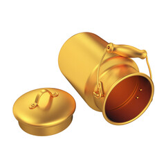 Milk can open lying on its side gold on a white background, 3d render