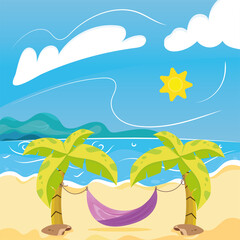 Fototapeta na wymiar Hammock between two palm trees on beach Summer landscape Vector