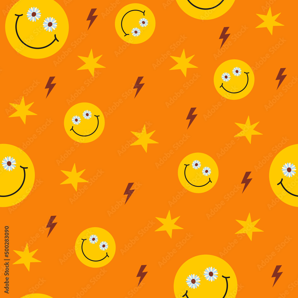 Poster Retro groovy seamless pattern with smiling faces on a orange background. Cute colorful trendy vector illustration in style 60s, 70s	