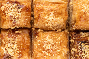 Classic sweet baklava, macro, top view.