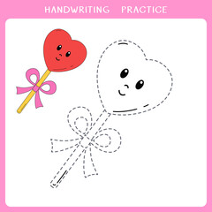 Handwriting practice sheet. Simple educational game for kids. Vector illustration of cute lollipop in heart shape for coloring book