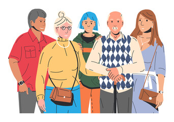 Obraz premium Adult Childs Hugging Old Father and Mother Isolated. Elderly Dad and Mom with Daughter and Son or Granddaughter and Grandson. Woman and Man Embracing his Parents Happy Family. Flat Vector Illustration