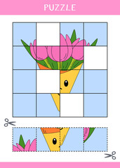 Puzzle for kids. Find the missing parts of the picture. Simple educational game. Cut and glue. Vector worksheet