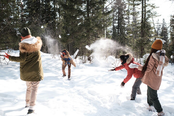 Group of four young friends spending winter day together outdoors having fun playing snowball fight