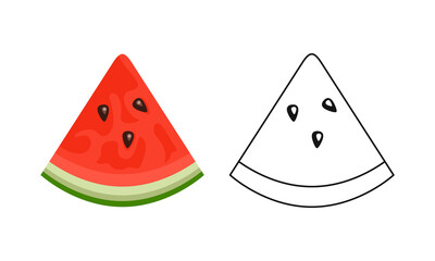 Watermelon slice cartoon color illustration and simple outline. Vector fresh sweet fruit. Flat food icon.