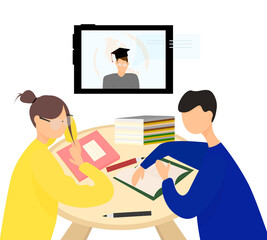Joint online training. A girl and a guy study from home. The concept of education and students. Vector cartoon illustration in a flat style
