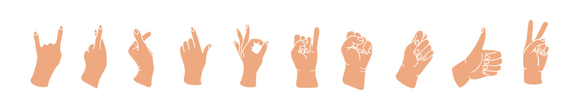 Gesture set. Cartoon hands. Illustration of hands showing different gestures. Hand drawn. Doodle hands. Vector clipart.