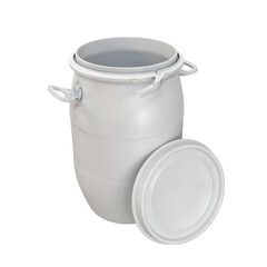 Plastic barrel with open lid white on white background, 3d render