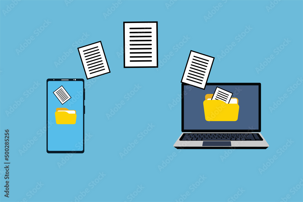 Poster transferring documents from a mobile to a laptop vector. data transformation method with different d
