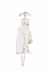 Young elegant woman in summer outfit. Fashion illustration in sketch style. Vector	