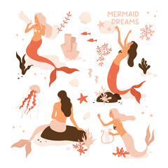 Beautiful young mermaid with ocean flora and fauna: algae, corals, fish, jellyfish. Fairy tale and underwater creature set. Sea and ocean aesthetic collection. Isolated vector illustration
