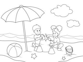 Children play on the beach. Children coloring book.