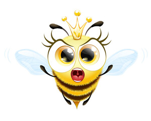 Cute funny cartoon angry screaming bee queen character with crown.