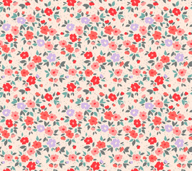 Vintage floral background. Floral pattern with small pink and red flowers on a light ivory peach background. Seamless pattern for design and fashion prints. Ditsy style. Stock vector illustration.