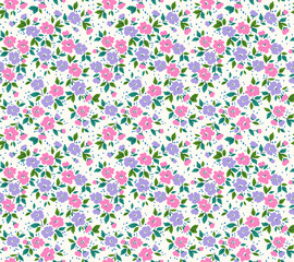 Cute floral pattern in the small flower. Seamless vector texture. Elegant template for fashion prints. Printing with small purple and pink flowers. White background. Stock print.