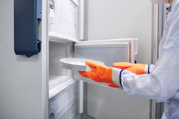 Scientists work in the laboratory. Remove the biomaterial from the freezer