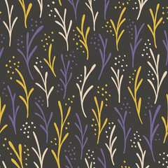 Seamless floral pattern. Dark background with stylised leaves. Simple botanical wallpaper and vector 