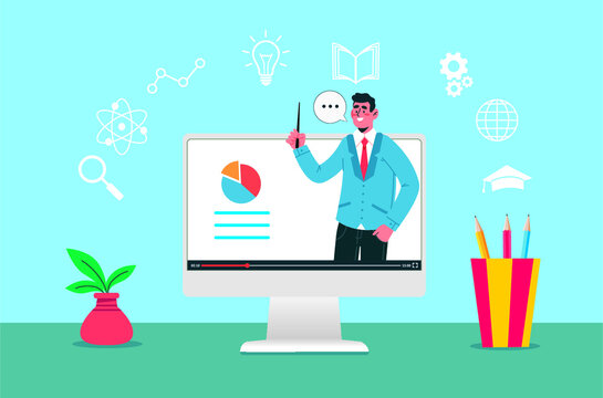 E-learning, online education, online course concept, home school, woman teacher teaching students on laptop computer screen, distance learning, new
