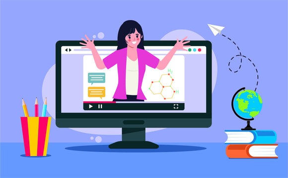 E-learning, online education, online course concept, home school, woman teacher teaching students on laptop computer screen, distance learning, new