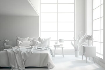 Modern bedroom in white color. Scandinavian interior design. 3D illustration