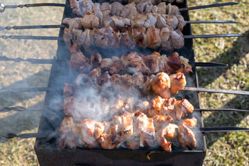 Close up shot of skewers in the process of cooking on the grill with smoke