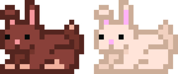 Cute white and brown pixel rabbit set - isolated 8 bit vector