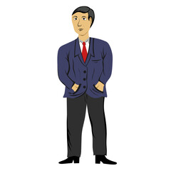 Cartoon graphic vector illustration of a man wearing formal attire, posing confidently with his hands in his pockets. Suitable for business, professional or casual use.