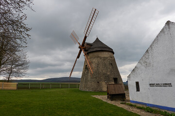 Kuzelov, Czech Republic - April 16, 2022 - The Old Windmill - a national cultural monument at the beginning of spring