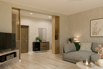 Modern living room with sofa, TV shelf and enter door. 3D illustration