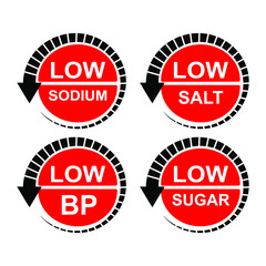 Low sodium, low salt, low bp, low sugar labels set. labels collection. 