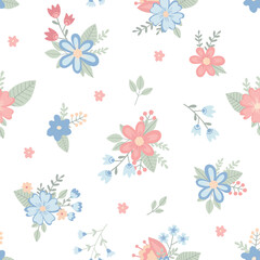 Fototapeta na wymiar Seamless pattern with childish flowers on white background. Cute vector illustration in pastel colors with floral elements, for design, fabric and textiles.