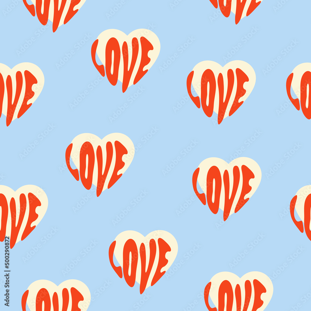 Poster vector retro seamless pattern with the word love and hearts on blue background. trendy design for va