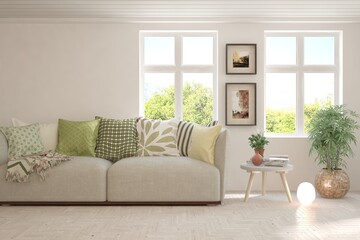 Stylish room in white color with sofa and summer landscape in window. Scandinavian interior design. 3D illustration