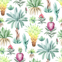 watercolor seamless pattern. floral background tropical blooming flowers and leaves with Australian animals and birds. Plants, animals and flowers of Australia. for fabric, textile, packaging, childre