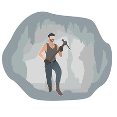 Miner in a cave with a pickaxe in his hands, vector in the style of paper cut. Curved background