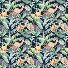 watercolor seamless pattern. floral background tropical blooming flowers and leaves with Australian animals and birds. Plants, animals and flowers of Australia. for fabric, textile, packaging, childre