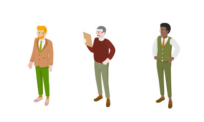 Set of different isometric people on white. Vector illustration flat design isolated. Male and female characters. Office and casual clothes. 