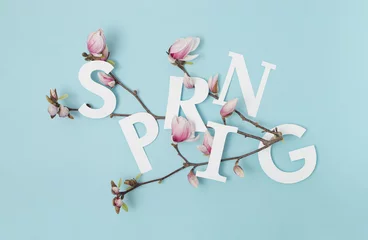 Zelfklevend Fotobehang Spring letters with white and pink magnolia tree flowers branch against pastel blue background. Minimal nature season concept. © Jasmina Stokic