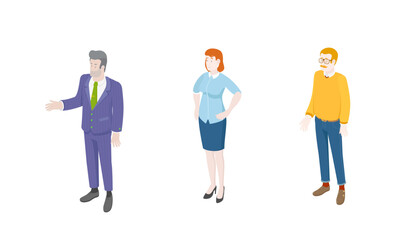 Set of different isometric people on white. Vector illustration flat design isolated. Male and female characters. Office and casual clothes. 