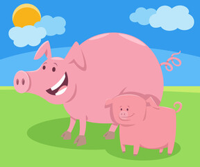 cartoon pig mom farm animal character with piglet