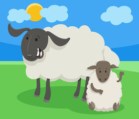 funny cartoon sheep farm animal character with little lamb