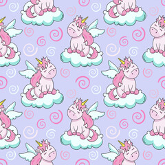 Cute cartoon unicorn, vector seamless pattern in the style of doodles, hand-drawn
