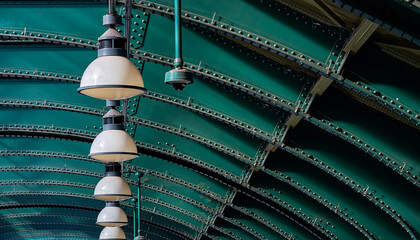 Geschwungene Stahlträger und Lampen im denkmalgeschützten Berliner U-Bahnhof 