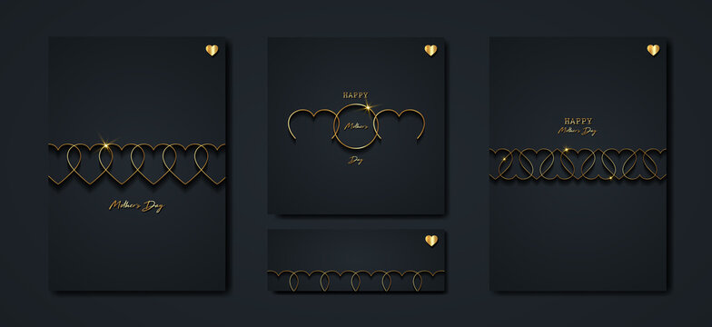 Happy Mothers day vector set greeting card. Gold Mom hearts on black background. Golden holiday poster with text. Concept for mother's day banner, flyer, party invitation, gift shop, templates